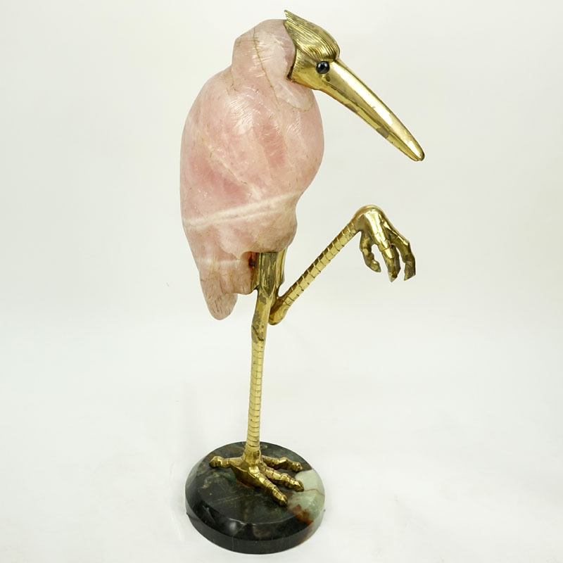 Large Rose Quartz and Brass Egret Sculpture On Marble Base