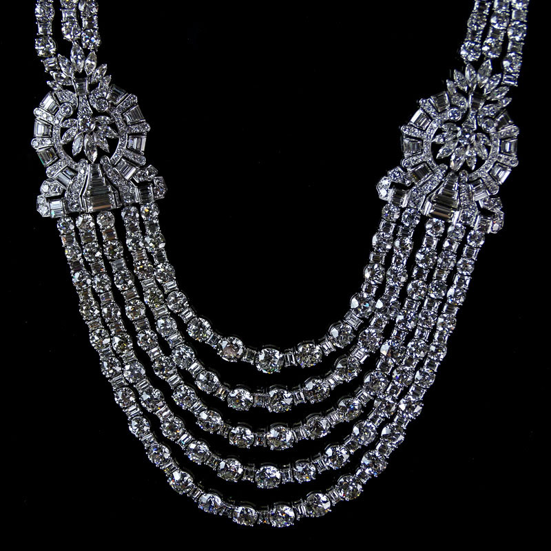 168.00 Carat Diamond and Platinum Necklace set with Old European Cut, Emerald Cut, Marquise Cut and Baguette Diamonds. 