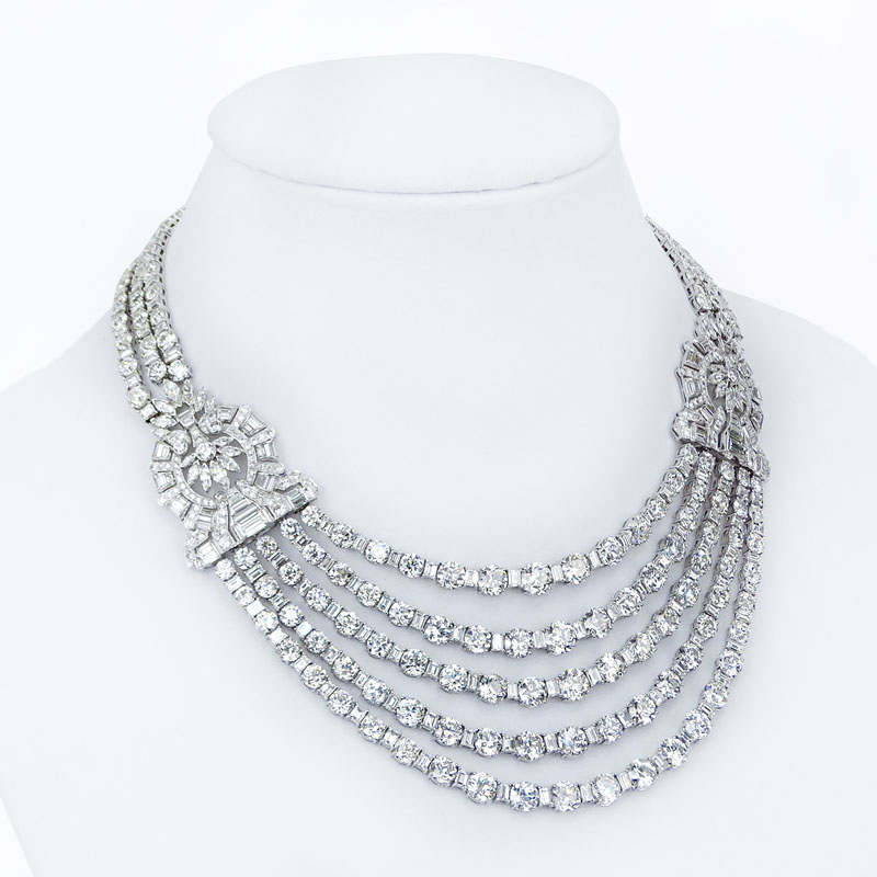 168.00 Carat Diamond and Platinum Necklace set with Old European Cut, Emerald Cut, Marquise Cut and Baguette Diamonds. 