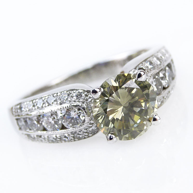  1.55 Carat Fancy Gray-greenish Yellow Round Brilliant Cut Diamond and Platinum Engagement Ring