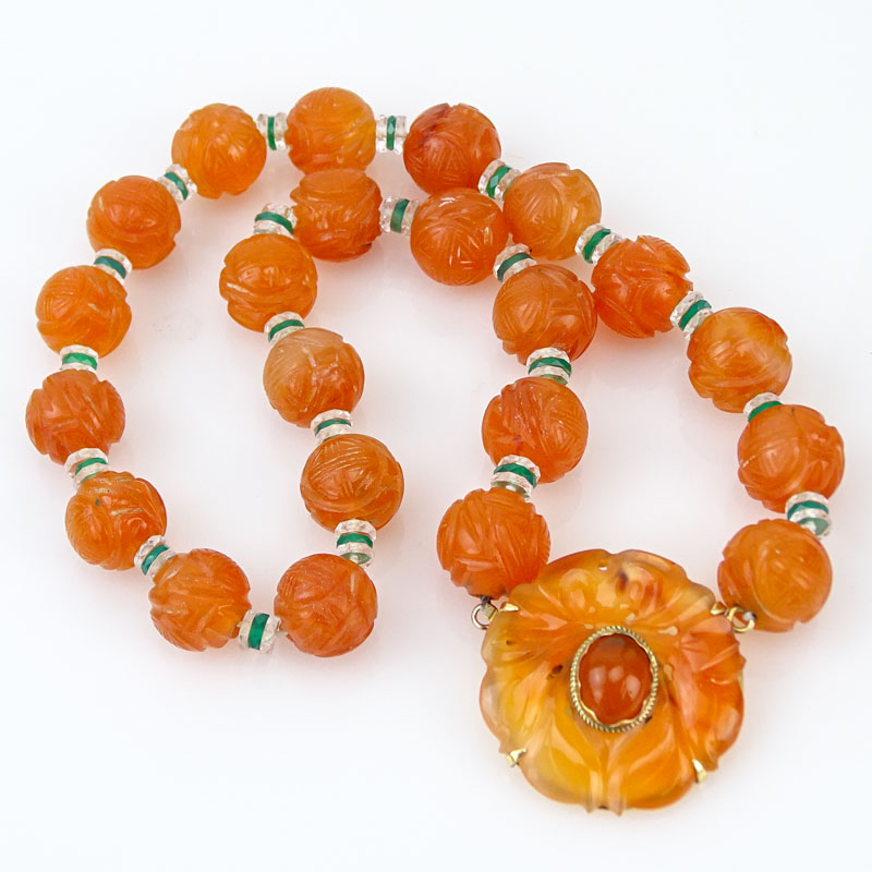 Art Deco Carved Carnelian, Rock Crystal, Chrysoprase and 14 Karat Yellow Gold Necklace