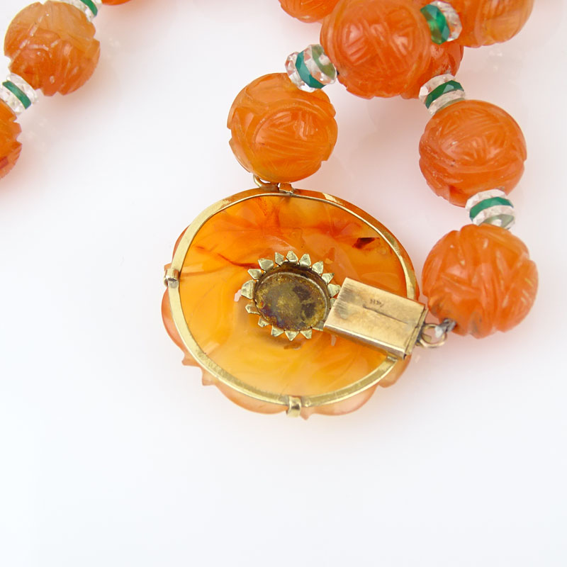 Art Deco Carved Carnelian, Rock Crystal, Chrysoprase and 14 Karat Yellow Gold Necklace