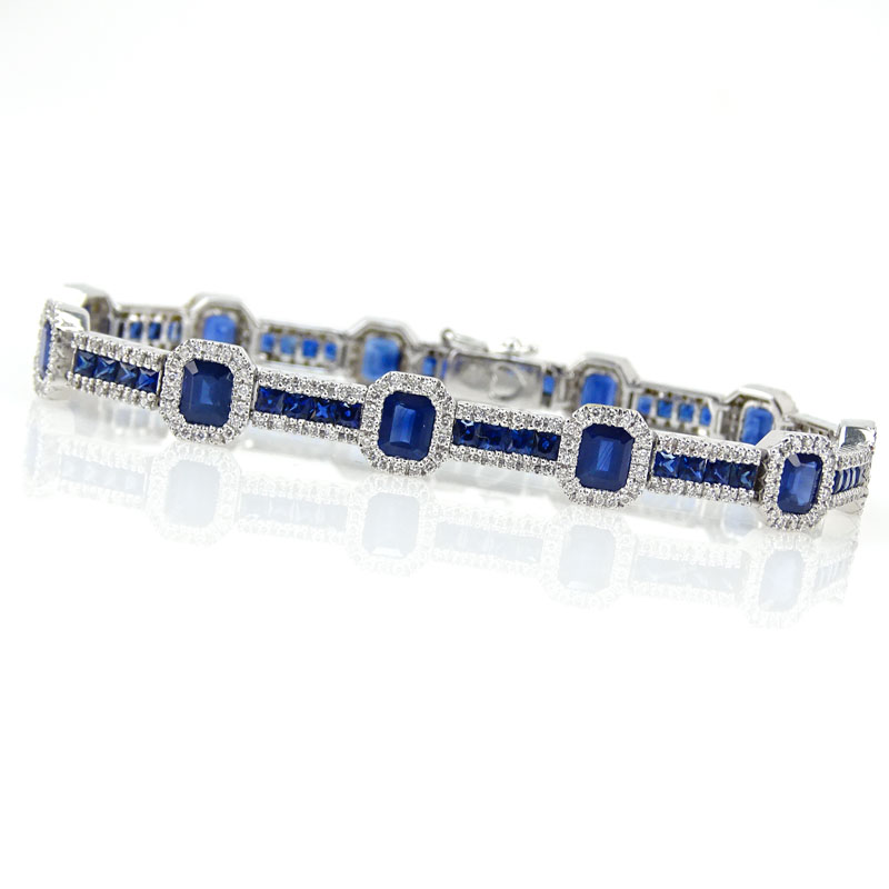 9.10 Carat Sapphire, 2.50 Carat Round Cut Diamond and 14 Karat White Gold Bracelet. 