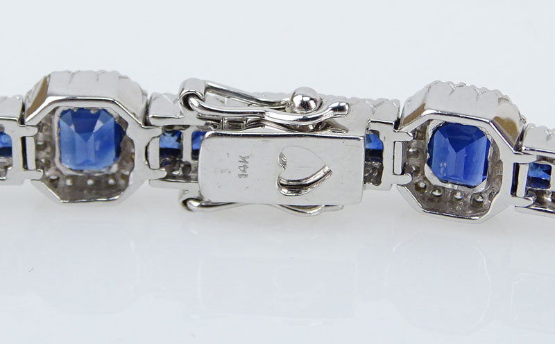 9.10 Carat Sapphire, 2.50 Carat Round Cut Diamond and 14 Karat White Gold Bracelet. 