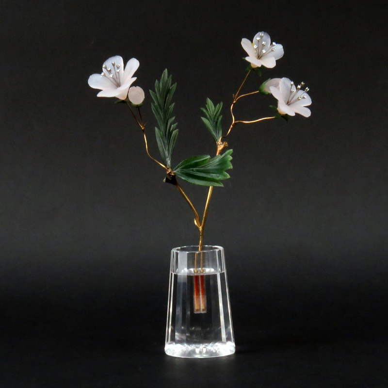 In the Manner of Faberge 14 Karat Gold, Diamond and Hardstone Flower Study within Rock Crystal Vase