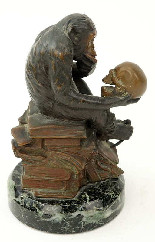 After: Hugo Wolfgang Rheinhold, German (19/20th C) Miniature bronze sculpture on marble base "Philosophizing Monkey" Signed