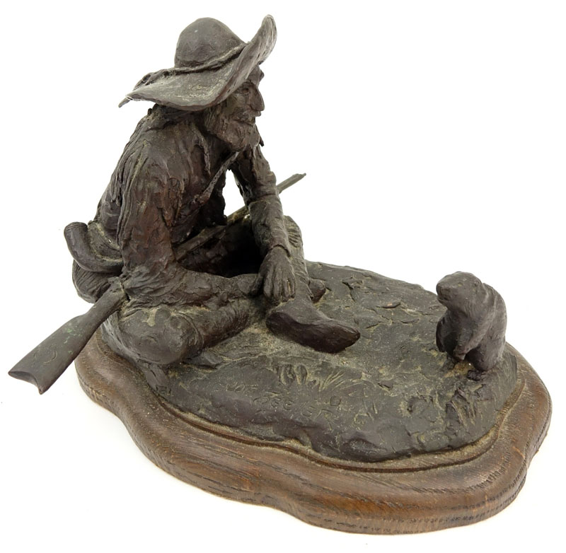 Joe Beeler, American (1931-2006) "Mountain Man and Beaver" Bronze Sculpture on Wooden Base