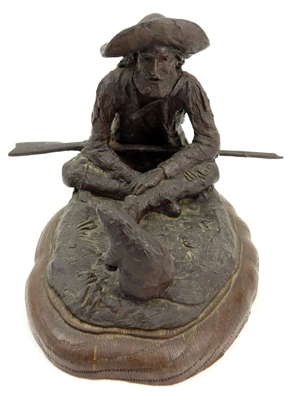 Joe Beeler, American (1931-2006) "Mountain Man and Beaver" Bronze Sculpture on Wooden Base