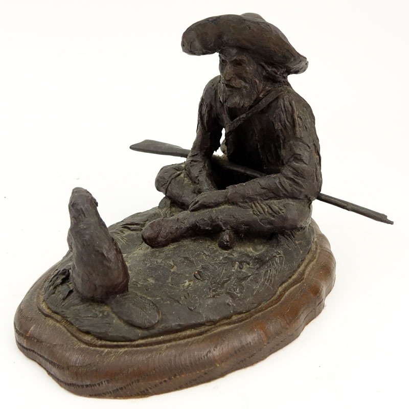 Joe Beeler, American (1931-2006) "Mountain Man and Beaver" Bronze Sculpture on Wooden Base