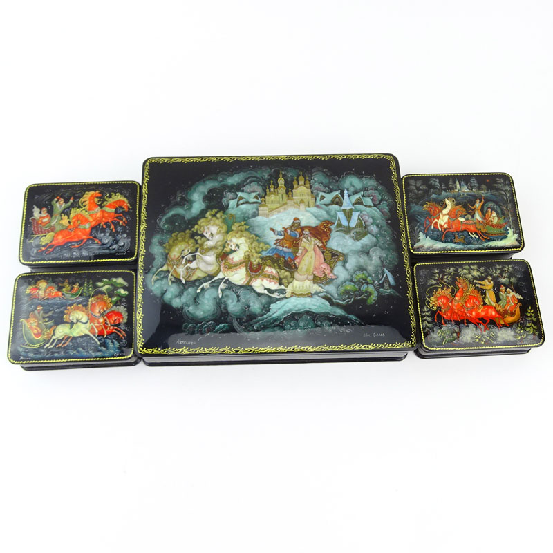 Collection of Five (5) Russian Lacquered Boxes