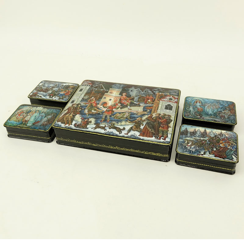 Collection of Five (5) Russian Lacquered Boxes