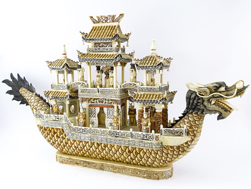 Vintage Chinese Carved Bone Dragon Ship with Immortals