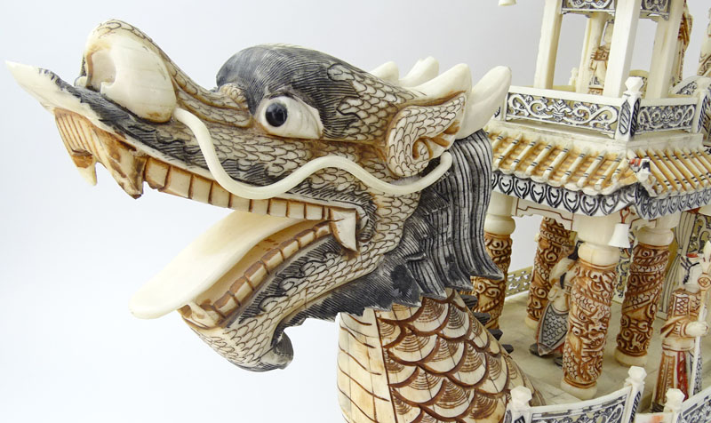 Vintage Chinese Carved Bone Dragon Ship with Immortals