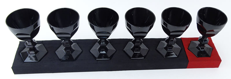 Set of Six (6) Baccarat Black Harcourt Crystal Goblets in Presentoir Case