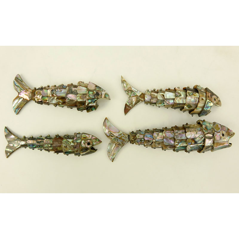 Four (4) Vintage Abalone Shell Articulated Fish Form Bottle Openers