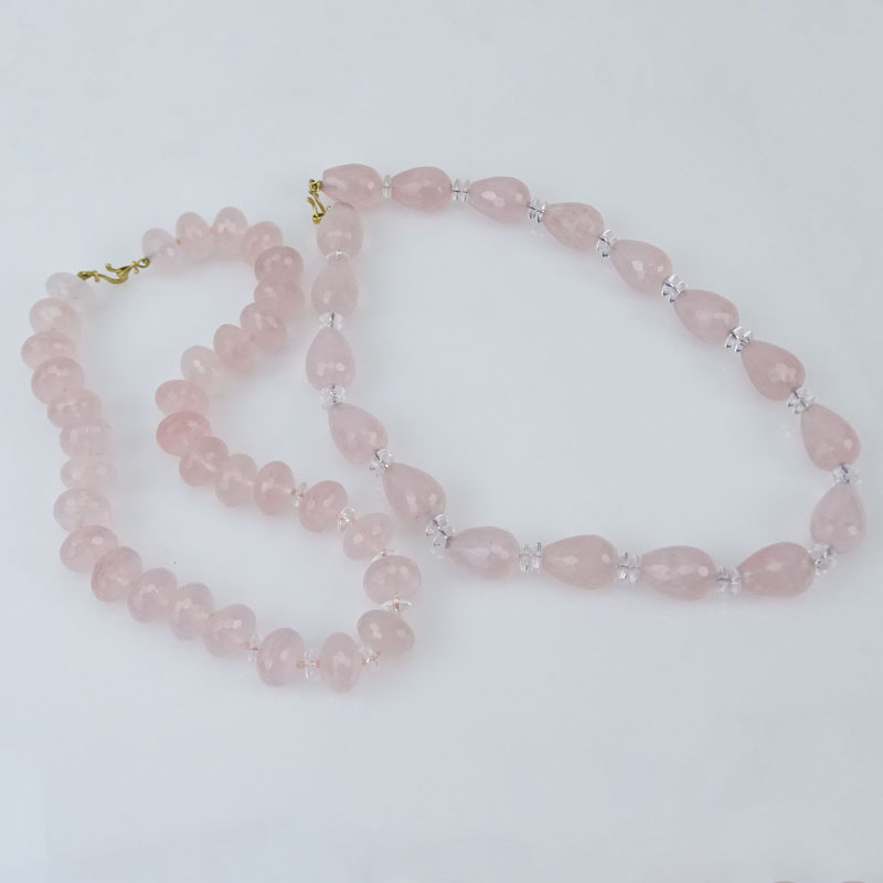 Two Vintage Rose Quartz Bead Necklaces With 14 Karat Gold Clasps