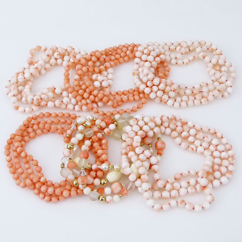 Lot of Six (6) Angel Skin Coral Beaded Necklaces