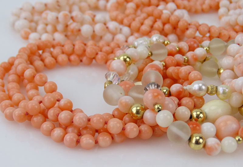 Lot of Six (6) Angel Skin Coral Beaded Necklaces