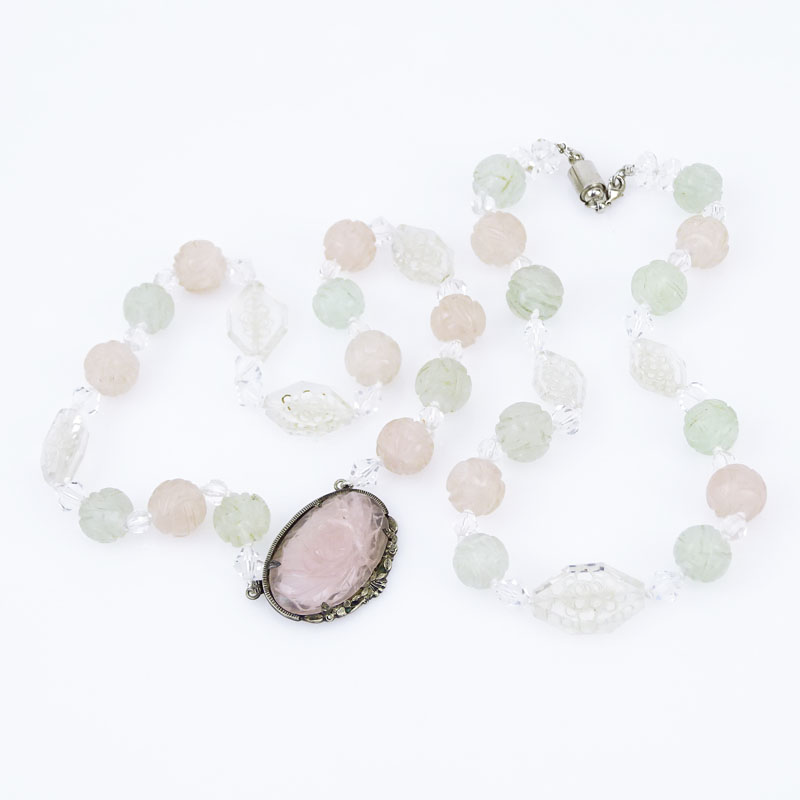 Two (2) Rose, Green and Rock Quartz Carved Bead Necklaces