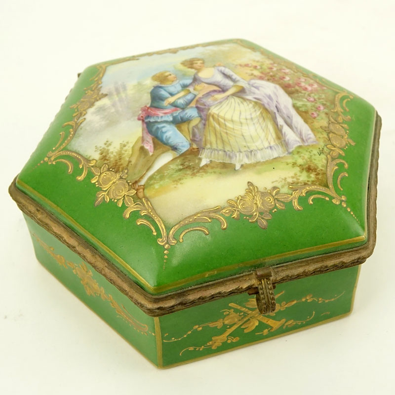 19th Century Sevres Green Glaze Bronze Mounted Octagonal Porcelain Box