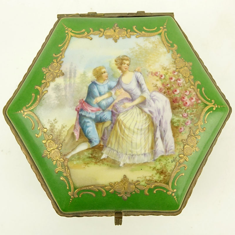 19th Century Sevres Green Glaze Bronze Mounted Octagonal Porcelain Box