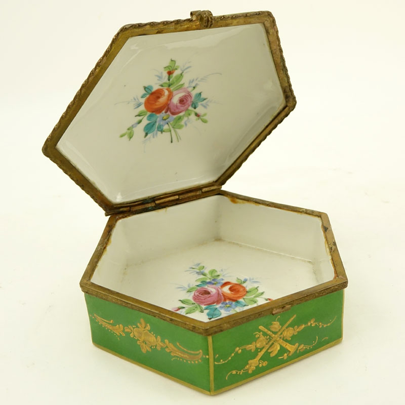 19th Century Sevres Green Glaze Bronze Mounted Octagonal Porcelain Box