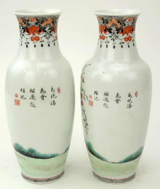 Pair of Chinese Mid-Century Hand Painted Porcelain Vases