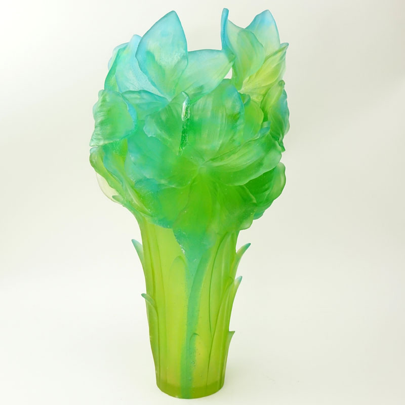 Daum Pate de Verre Green and Blue Amaryllis Vase