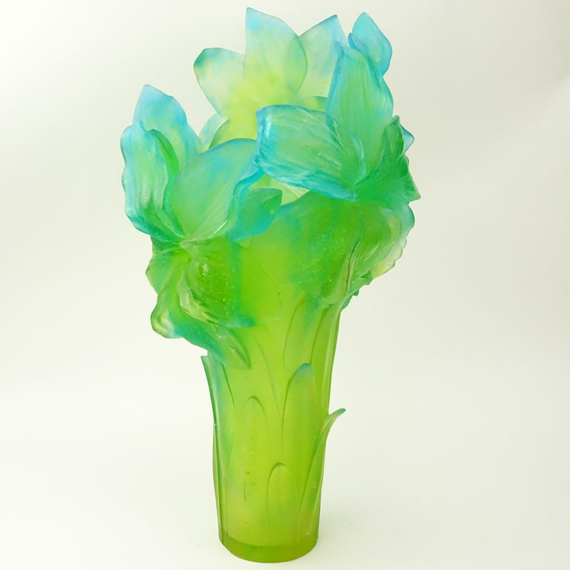 Daum Pate de Verre Green and Blue Amaryllis Vase