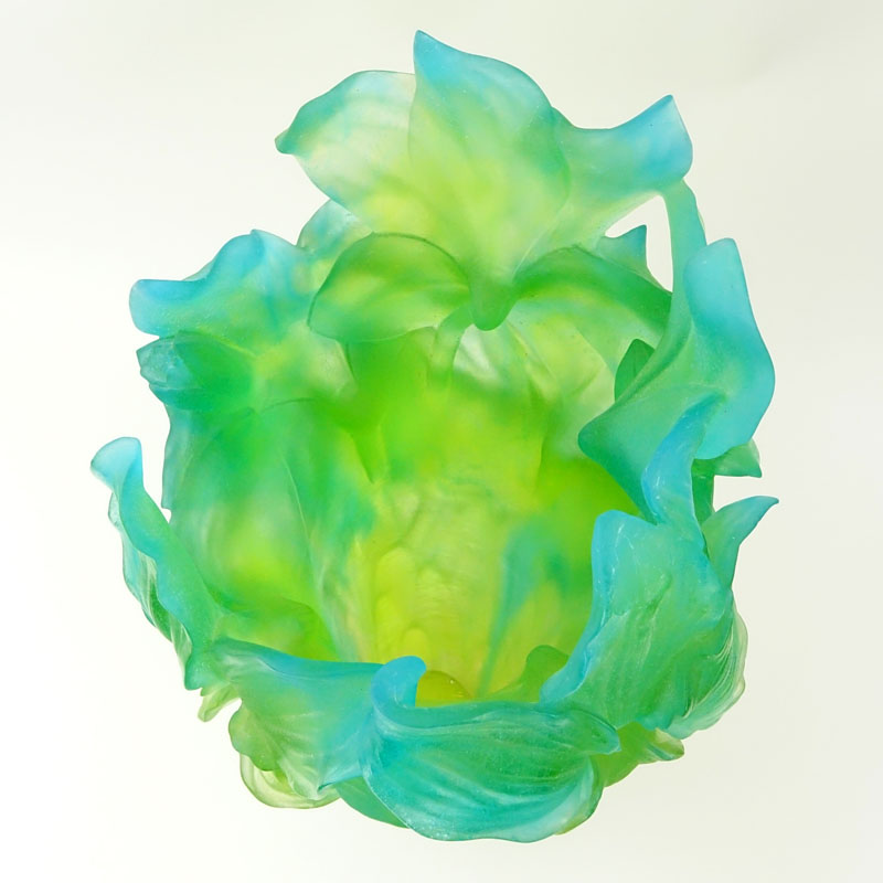 Daum Pate de Verre Green and Blue Amaryllis Vase