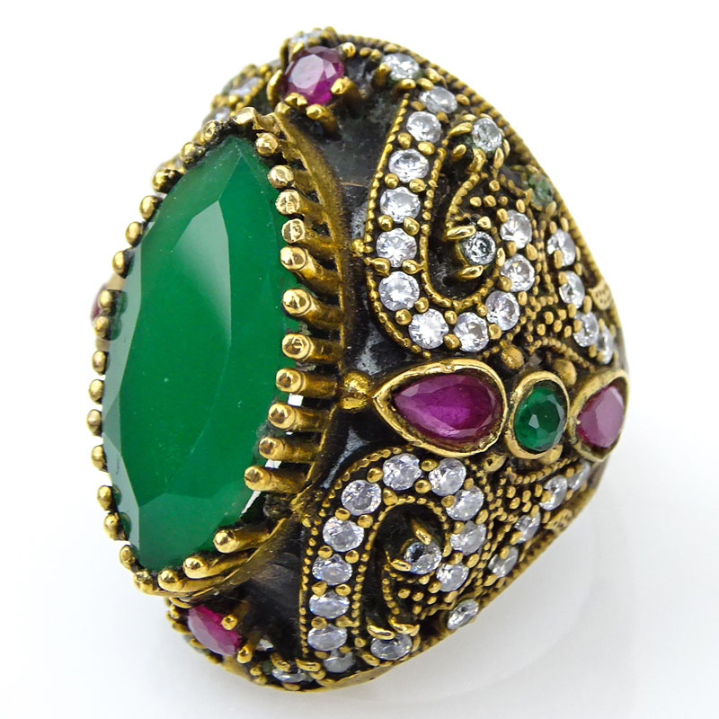 Vintage Mughal Style Chrysoprase, Diamond, Ruby and Emerald Ring