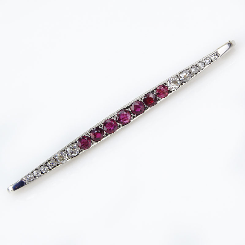 3.50 Carat Old European Cut Ruby and Diamond and 18 Karat Gold Bar Pin.