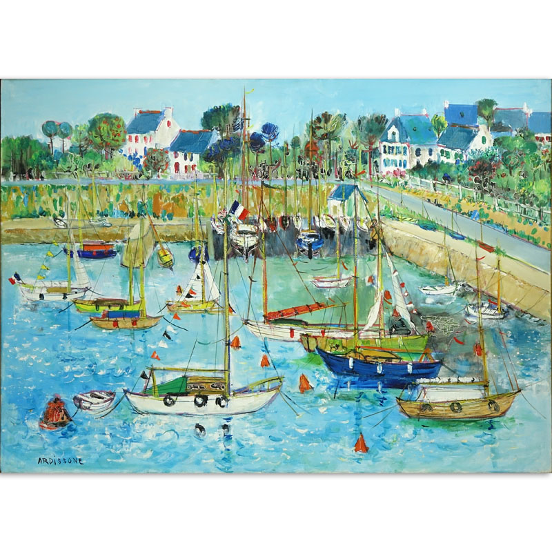 Yolande Ardissone French (born1927- ) Oil on Canvas "Le Port De Carnac, Bretagne" Signed Lower Left