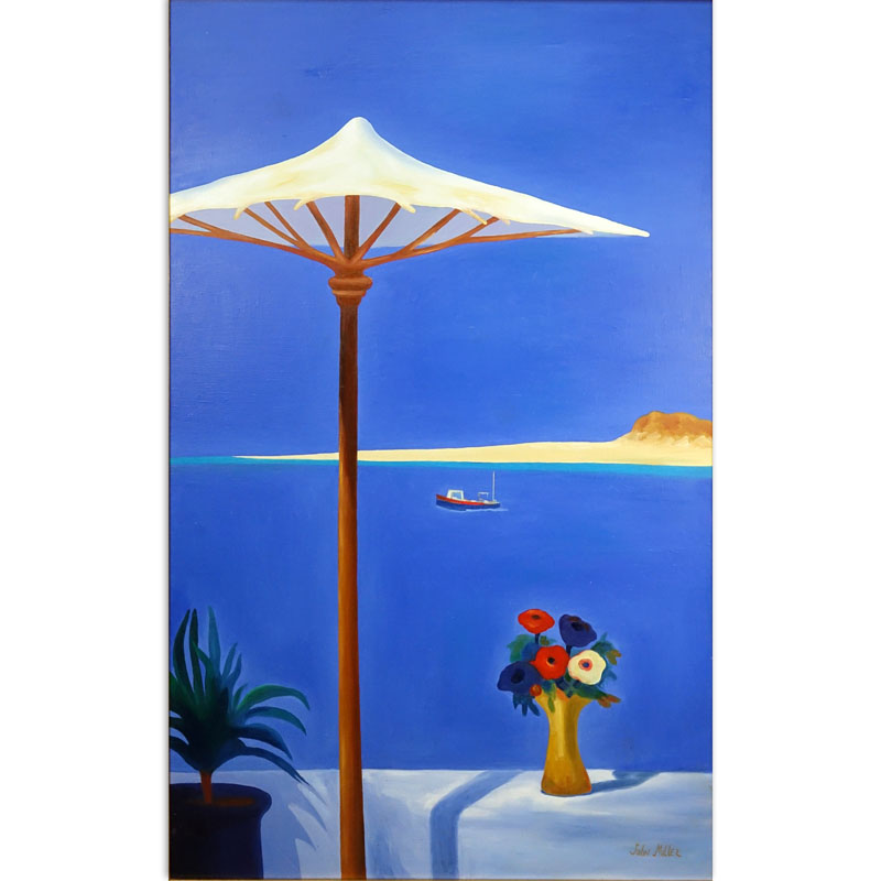 After: John Miller, British (1931-2002) Oil on Canvas, Terrace with Sun Umbrella