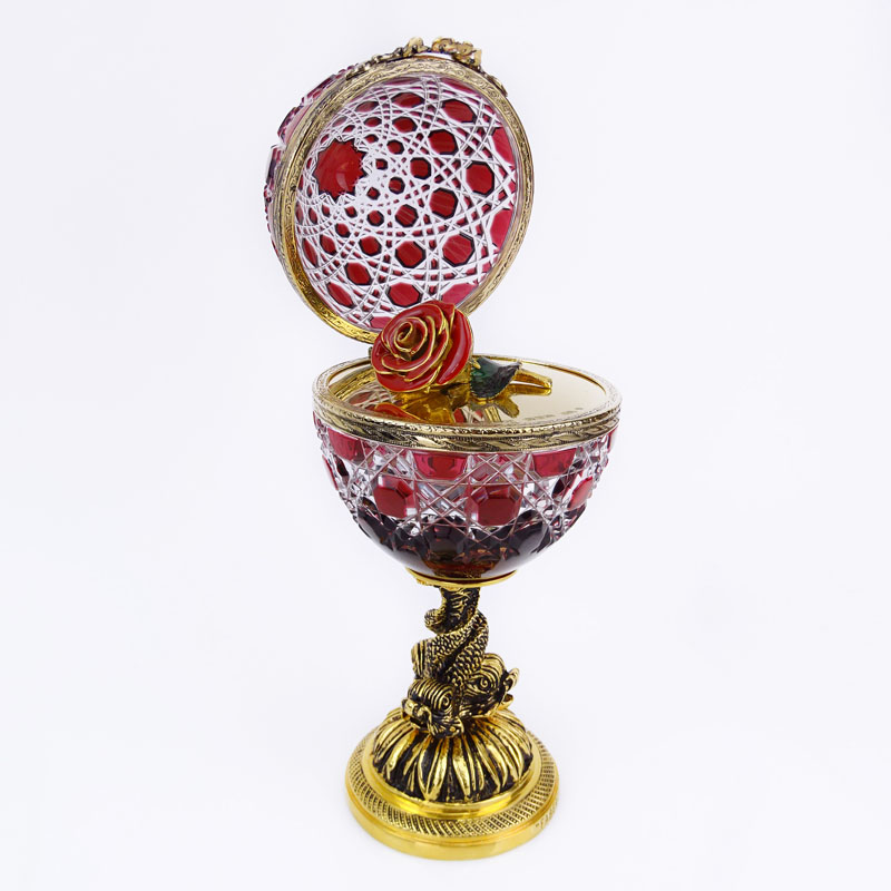 Fine Faberge Winter Rose #9 Ruby Cut to Clear Egg Shaped Covered Box