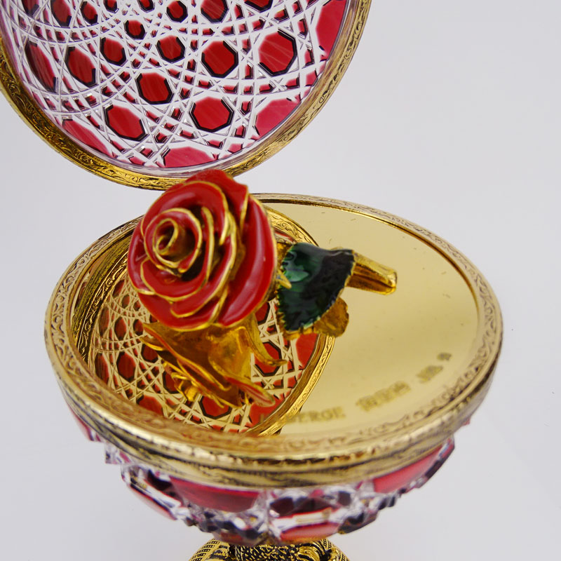 Fine Faberge Winter Rose #9 Ruby Cut to Clear Egg Shaped Covered Box