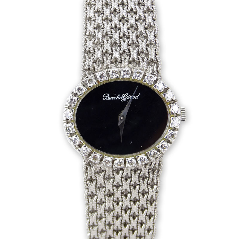 Lady's 18 Karat White Gold Bueche-Girod Bracelet Watch with Diamond Bezel and Manual Movement