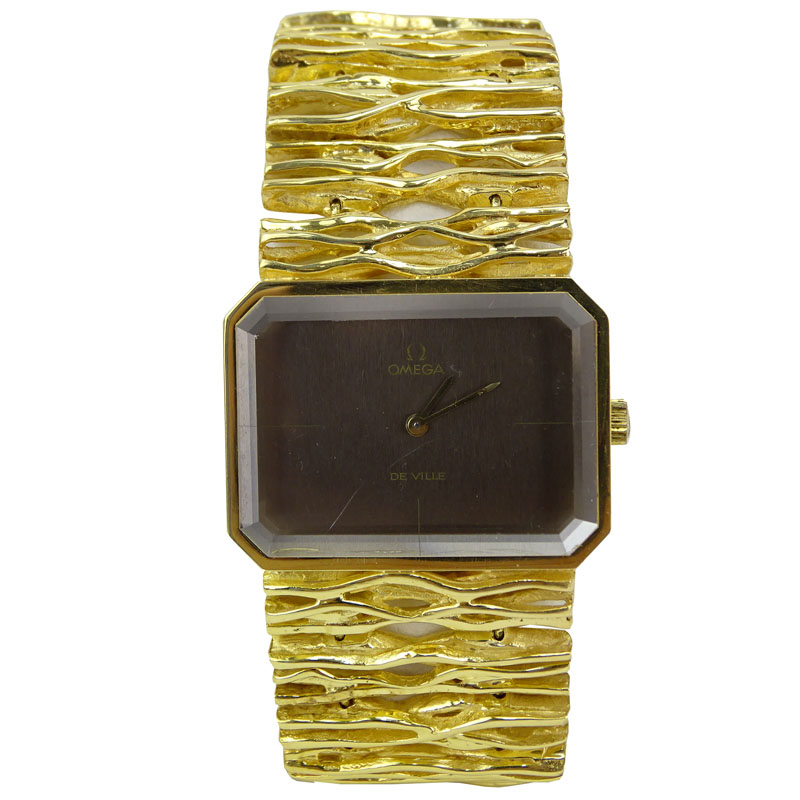 Rare Circa 1965 Gilbert Albert Design 18 Karat Yellow Gold Omega d'Or Model Free Formed Bracelet Watch with Rock Crystal top