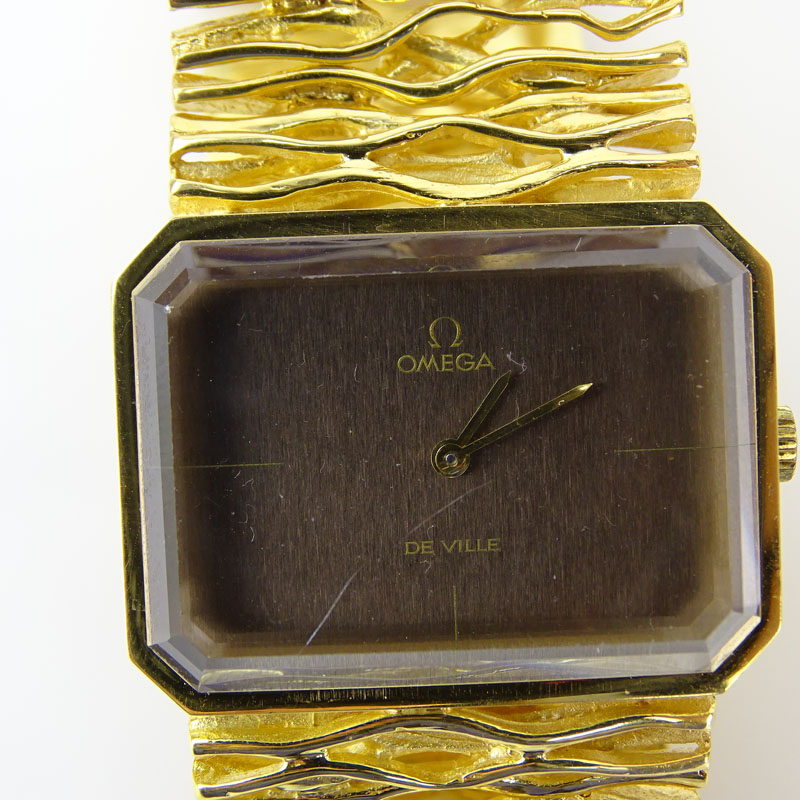 Rare Circa 1965 Gilbert Albert Design 18 Karat Yellow Gold Omega d'Or Model Free Formed Bracelet Watch with Rock Crystal top