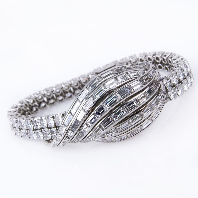 25.0 Carat Round Brilliant and Baguette Cut Diamond and Platinum Bracelet Watch. 