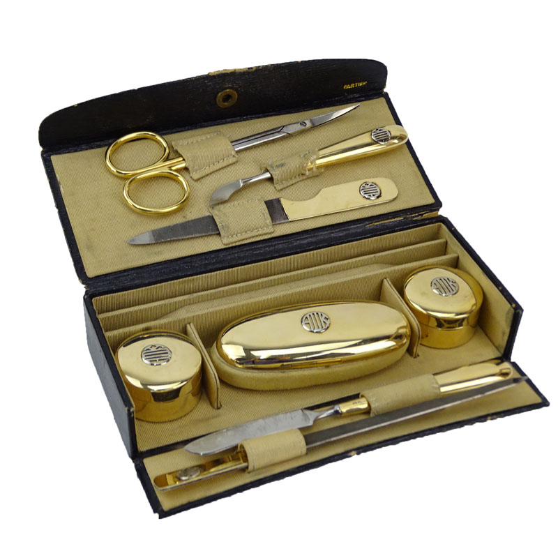 Fine and Rare Victorian for Cartier Seven (7) Piece 14 Karat Yellow Gold Travel Manicure Set in Fitted Box Plus Tiffany & Co 18 Karat Yellow Gold Handed Cuticle Scissors