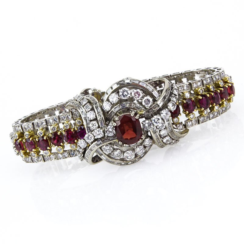 Retro Circa 1940s Ruby, Round Brilliant and Baguette Cut Diamond, Platinum and 18 Karat Yellow Gold Bracelet