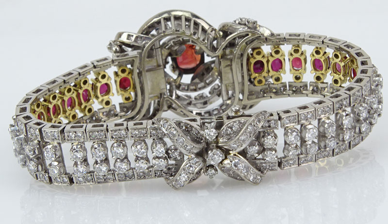 Retro Circa 1940s Ruby, Round Brilliant and Baguette Cut Diamond, Platinum and 18 Karat Yellow Gold Bracelet