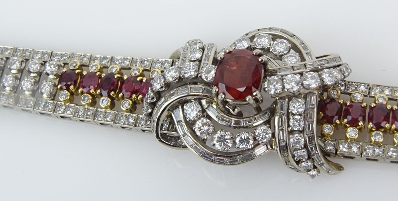 Retro Circa 1940s Ruby, Round Brilliant and Baguette Cut Diamond, Platinum and 18 Karat Yellow Gold Bracelet