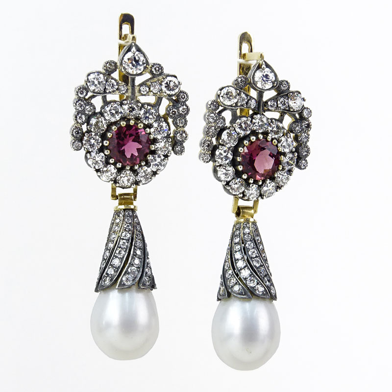 8.0 Carat Old Mine Cut Diamond, Pink Tourmaline, Pearl, 18 Karat Yellow Gold and Silver Pendant Earrings. 