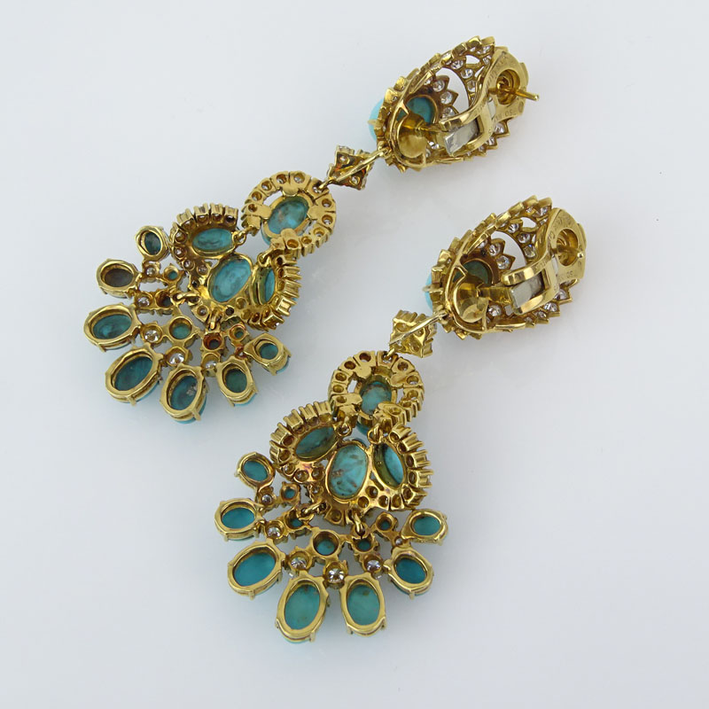 Vintage Van Cleef & Arpels Diamond, Persian Turquoise and 18 Karat Yellow Gold Pendant Earrings with Detachable Pendant