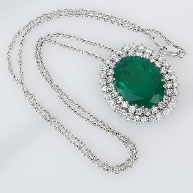 21.0 Carat Oval Cut Colombian Emerald, 4.0 Carat Round Brilliant Cut Diamond and 18 Karat White Gold Pendant Necklace