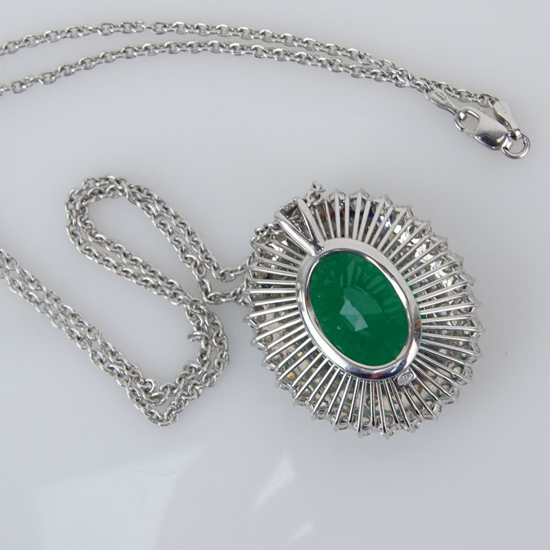 21.0 Carat Oval Cut Colombian Emerald, 4.0 Carat Round Brilliant Cut Diamond and 18 Karat White Gold Pendant Necklace