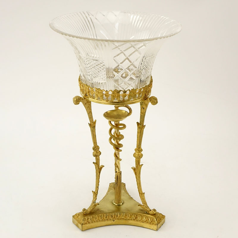 Vintage Neoclassical style Gilt Bronze and Cut Glass Tri-pod Footed Compote / Centerpiece