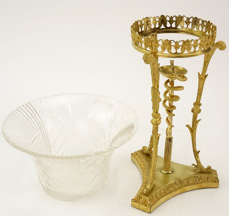 Vintage Neoclassical style Gilt Bronze and Cut Glass Tri-pod Footed Compote / Centerpiece